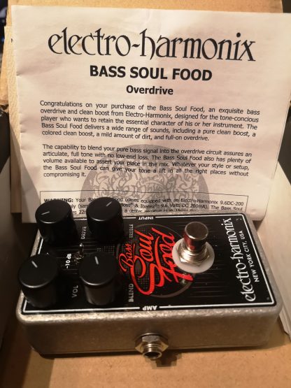 electro-harmonix Bass Soul Food Overdrive effects pedal in the box with accessories